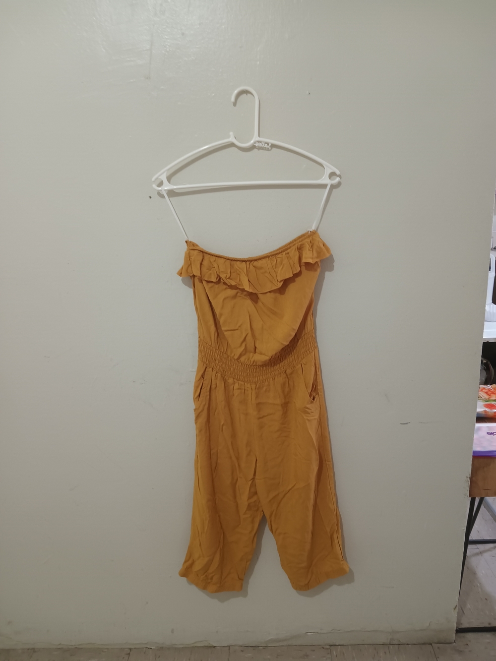 Off-Shoulder Ruffle Jumpsuit in Mustard Yellow